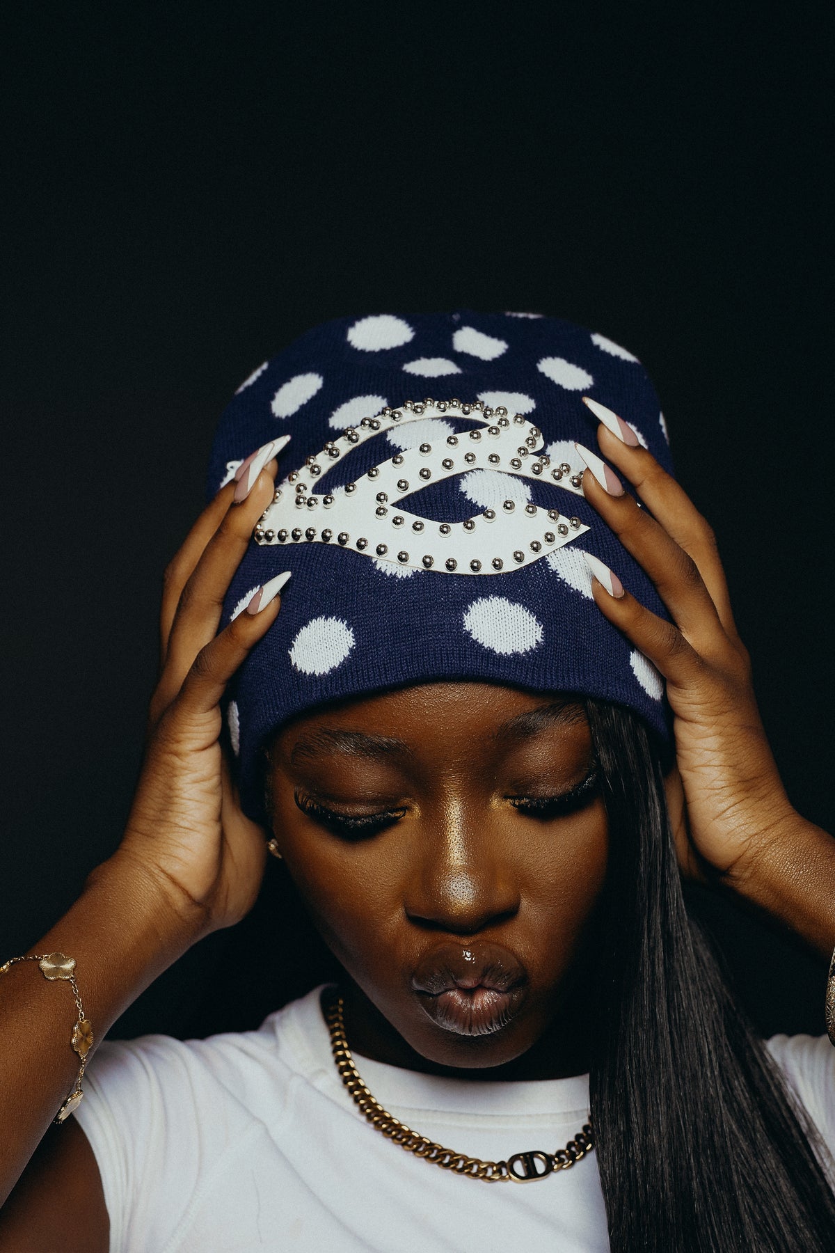 Navy Polka Dot Beanie